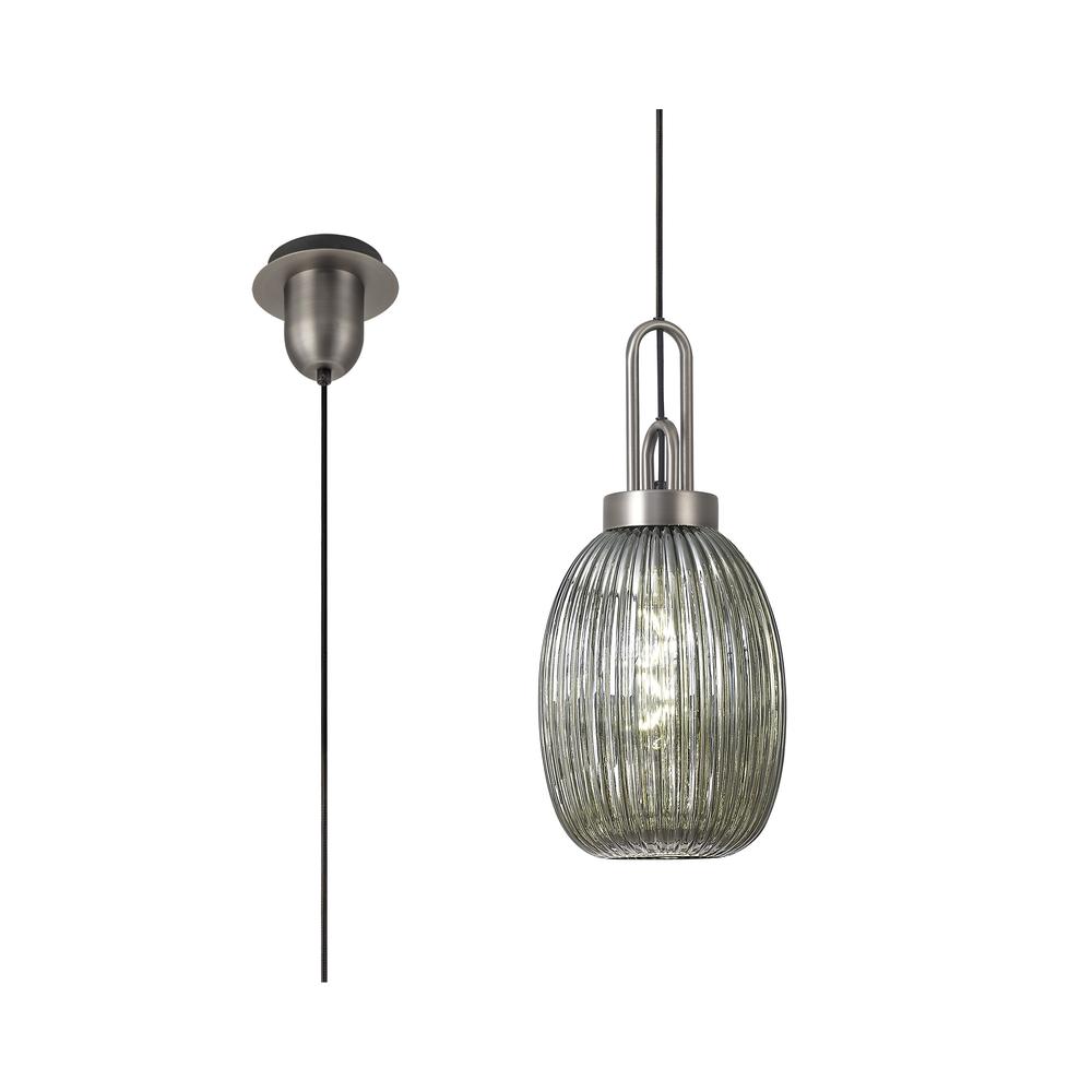 Luxuria Kennith Pendant Light E27 20cm Almond Ribbed Glass Smoked Antique Silver/Black