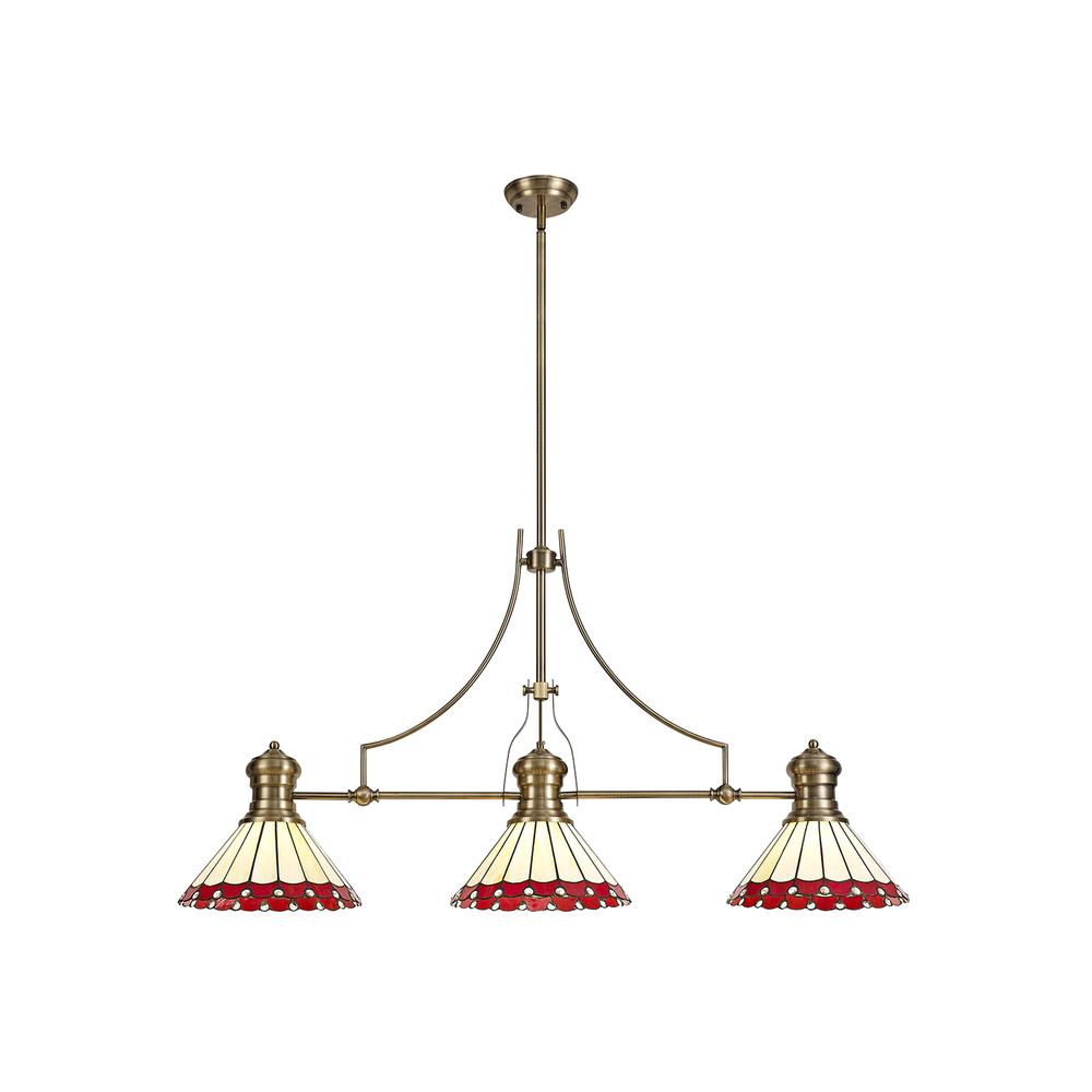 Luxuria Sleek 3 Light Linear Pendant E27 With 30cm Tiffany Shade Antique Brass Red Cream Crystal