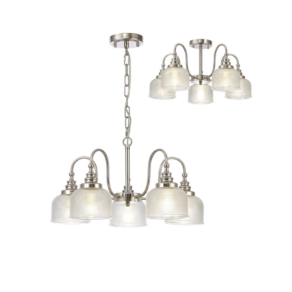 Luxuria Toussenel 57cm Semi Flush/Pendant 5 Light E27 Polished Nickel/Prismatic Glass