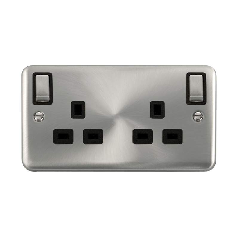 Click Deco Plus 13A Ingot 2G DP Switched Socket Outlet With Outboard Rockers Satin Chrome Black Inserts