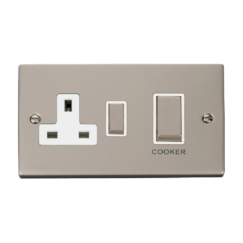 Click Deco 45A Ingot DP Switch with 13A Switched Socket Pearl Nickel Insert White