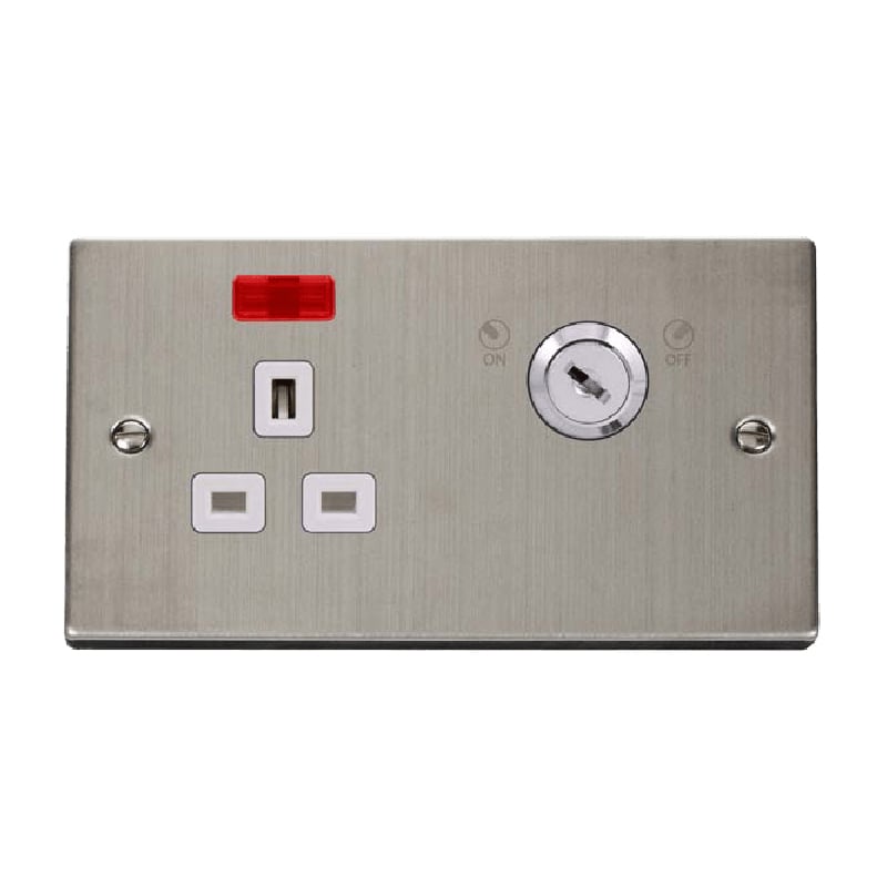 Click Deco 13A 1G Double Pole Key Lockable Socket with Neon Stainless Steel Insert White