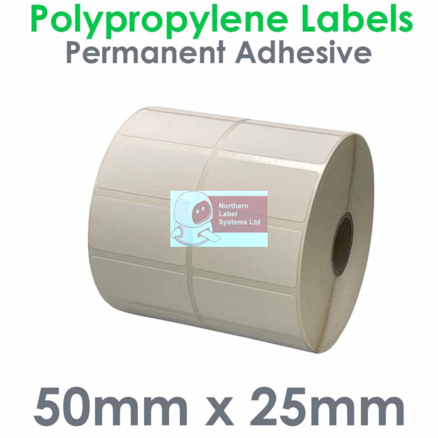 050025P9YPW2-4000, 50mm x 25mm 2 Across, PE90 Matt White Polypropylene Label, Permanent Adhesive, FOR SMALL DESKTOP LABEL PRINTERS