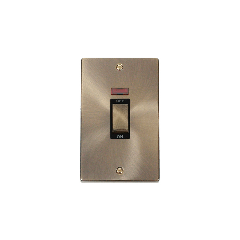 Click Deco 45A Ingot 2 Gang DP Switch with Neon Antique Brass Insert Black