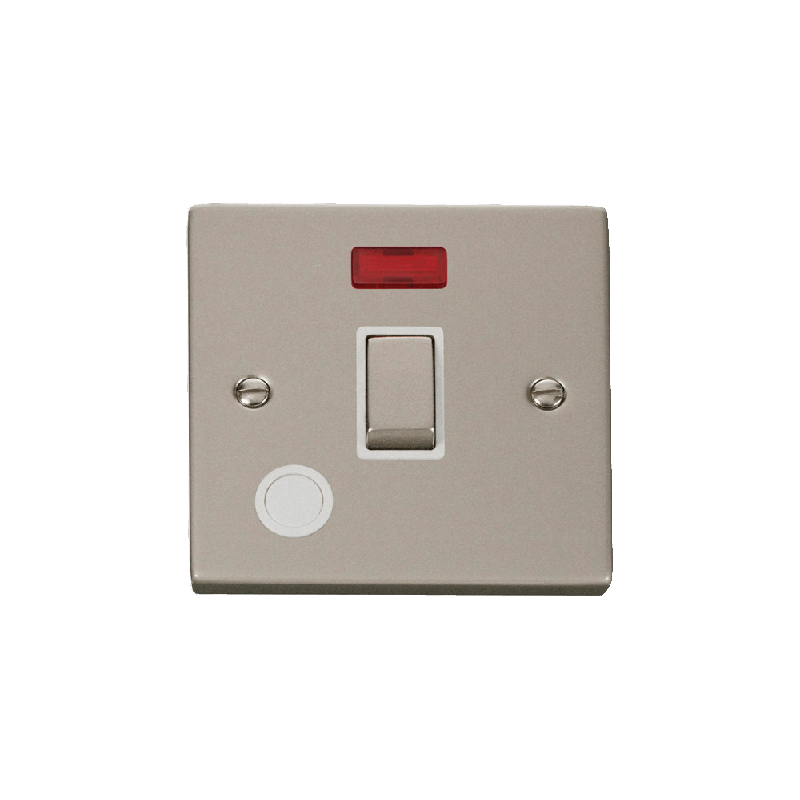 Click Deco 20A 1 Gang DP 'Ingot' Switch With Flex Outlet and Neon Pearl Nickel Insert White