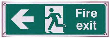 Fire exit left visual impact 5mm acrylic sign 450x150mm c/w stand off locators