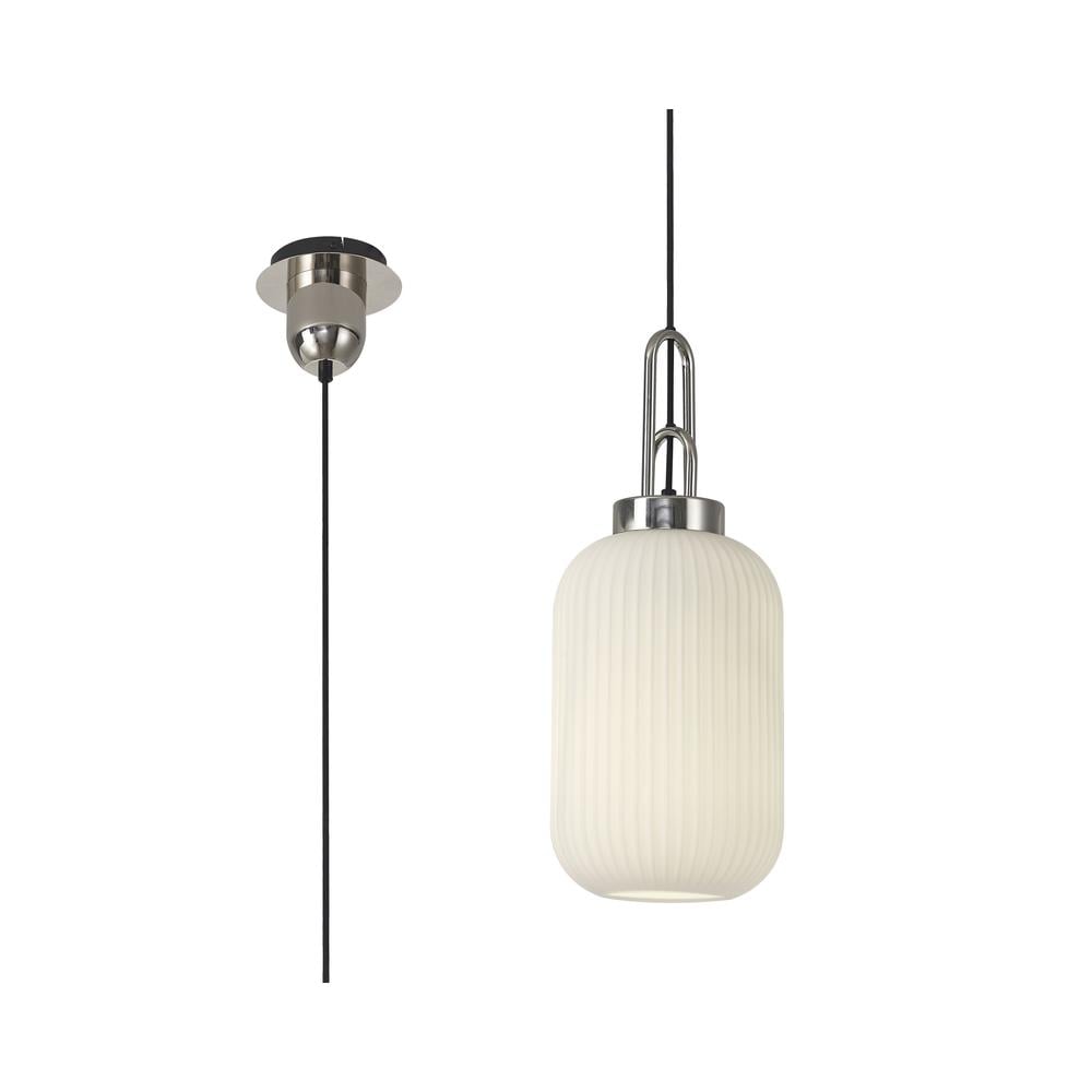 Luxuria Kennith Pendant Light E27 With 20cm Tubular Ribbed Glass Opal Polished Nickel/Matt Black