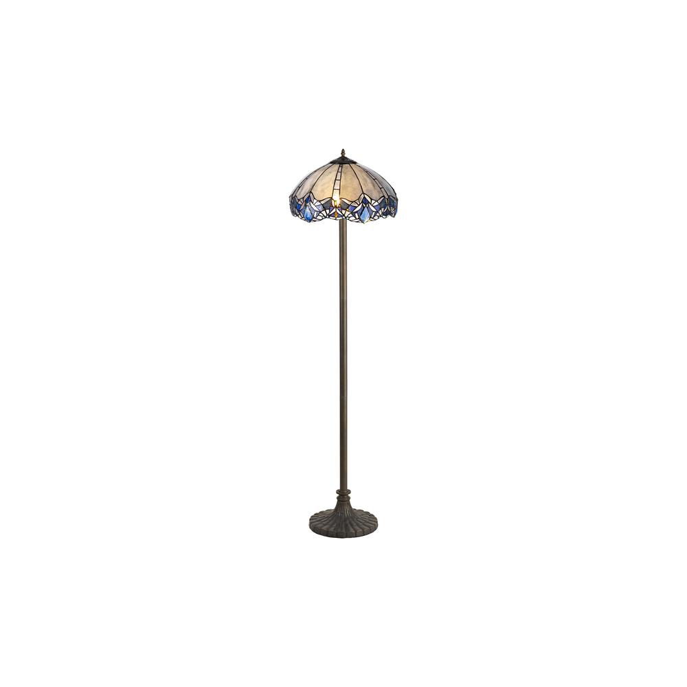 Luxuria Axis 2 Light Stepped Design Floor Lamp E27 With 40cm Tiffany Shade Blue/Clear Crystal/Aged Antique Brass