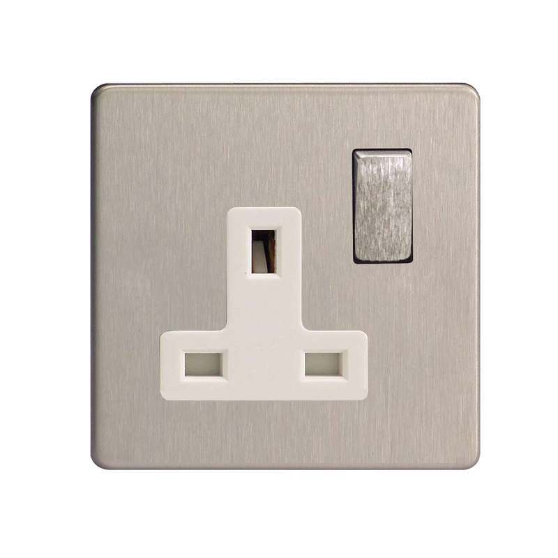 Varilight Screw Less Brushed Steel 1G 13A Switched Socket White