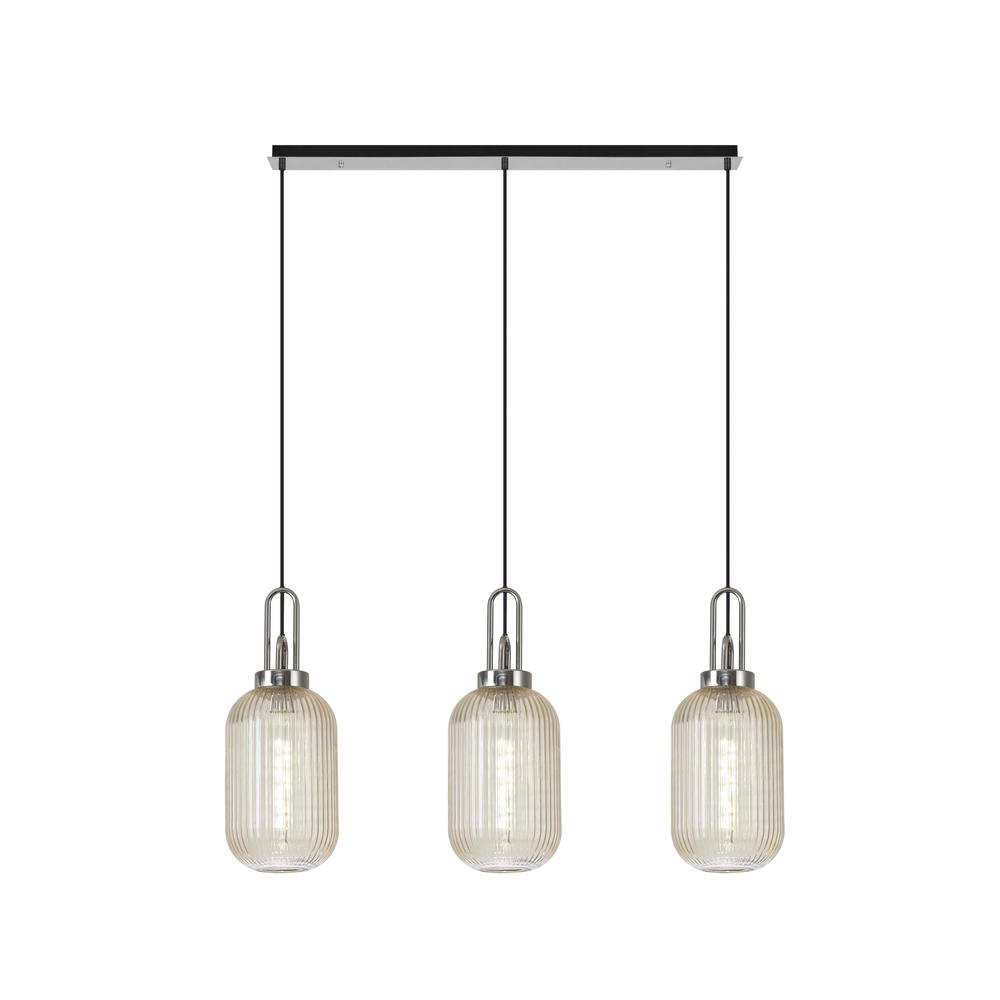 Luxuria Kennith Linear 3 Light Pendant E27 With 20cm Tubular Ribbed Glass Champagne Polished Nickel/Matt Black