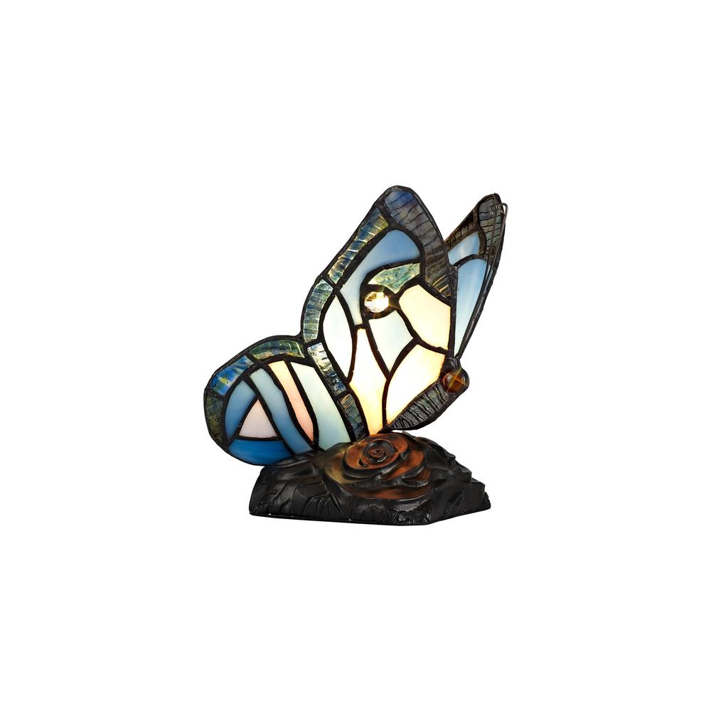 Luxuria Glimmeron Tiffany Butterfly Table Lamp 1xE14 Black Base With Blue/Pink Glass With Clear Crystal