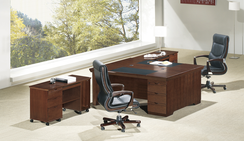 Light Walnut Executive Partner Desk With Integrated Pedestal and Mobile Side Return