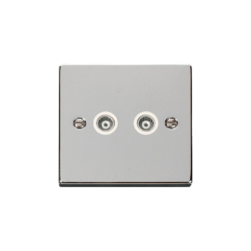 Click Deco Twin Isolated Coaxial Socket Outlet Polished Chrome Insert White