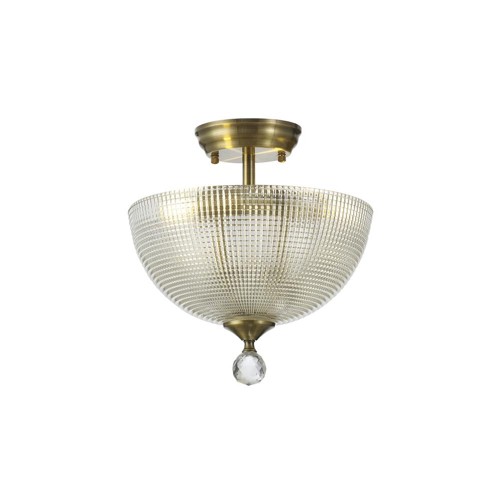 Luxuria Sirius Flush Ceiling Light 2xE27 With Round 30cm Prismatic Effect Glass Shade Antique Brass/Clear