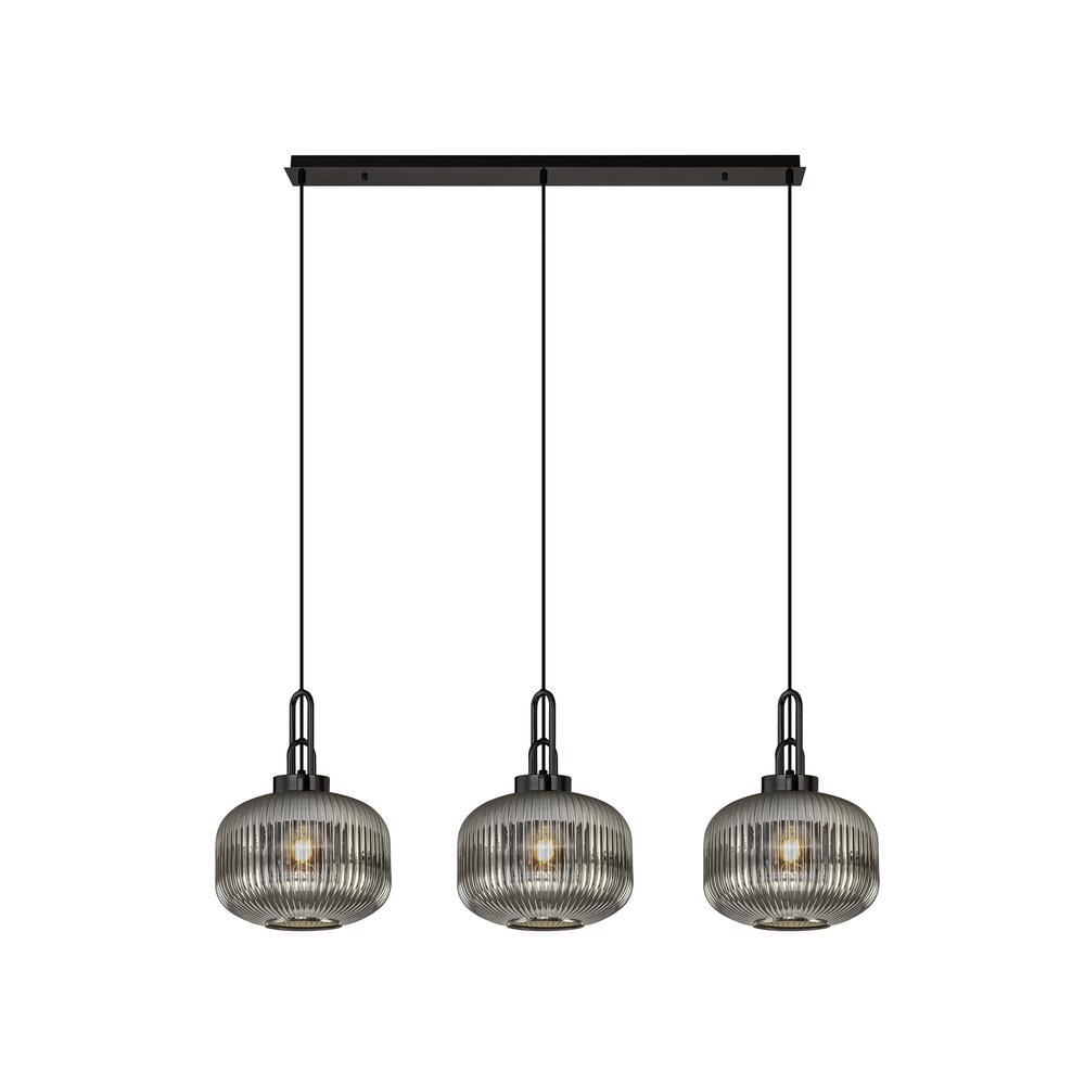 Luxuria Kennith Linear 3 Light Pendant E27 Black Chrome/Matt Black With 30cm Pumpkin Shaped Ribbed Smoked Glass