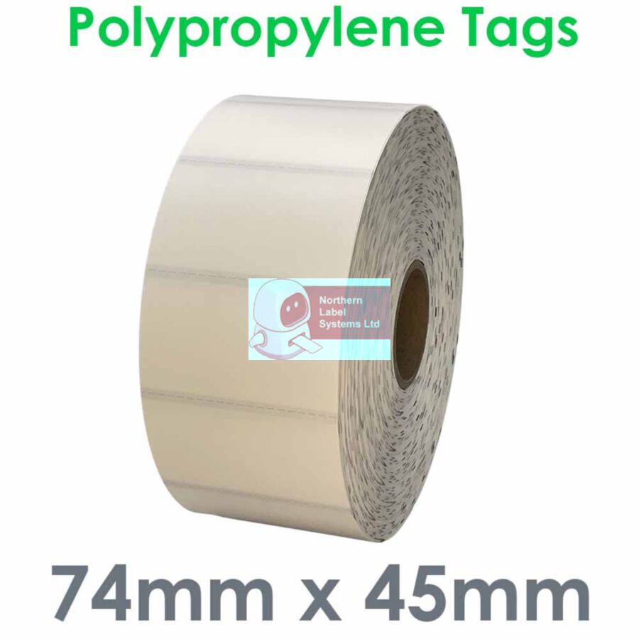 074045PTYNW1-2500, 74mm x 45mm, Polypropylene Tags, Polyplas 250, FOR LARGER LABEL PRINTERS