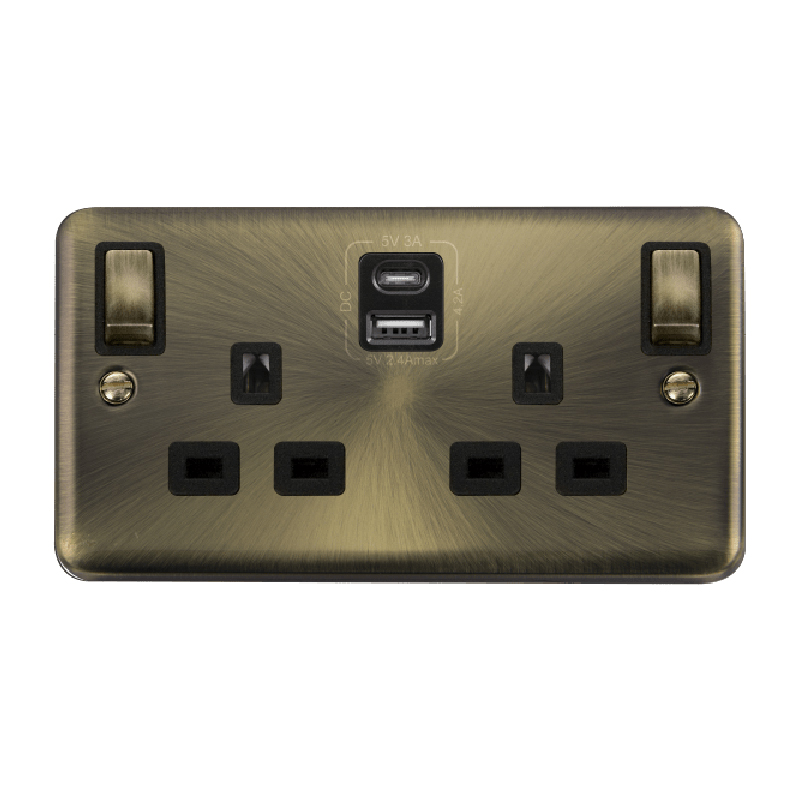 Click Deco Plus 13A Ingot 2G Switched Socket Outlet With Type A & C USB 4.2A Outlets Antique Brass Black Inserts