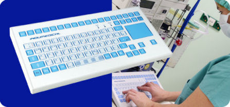 KS13209 Indukey TKS-088b-TOUCH-AM-KGEN-USB InduMedical Keyboard with Touch Pad IP65 rated with antimicrobial properties. USB-US Colour: white and blue ( Impregnated with Microban)