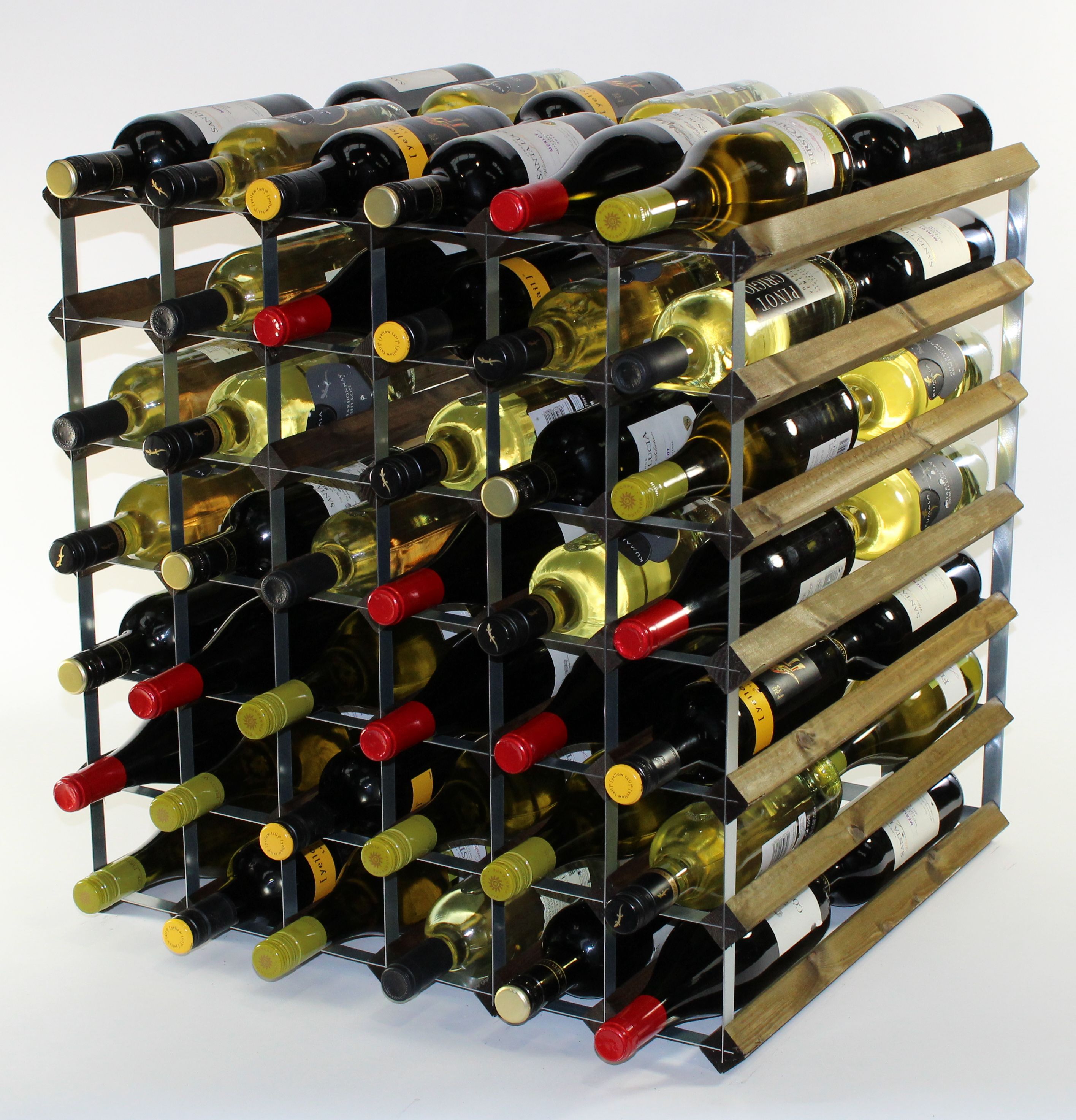 Double depth 84 bottle wine rack - Walnut stain wood - Galvanised metal