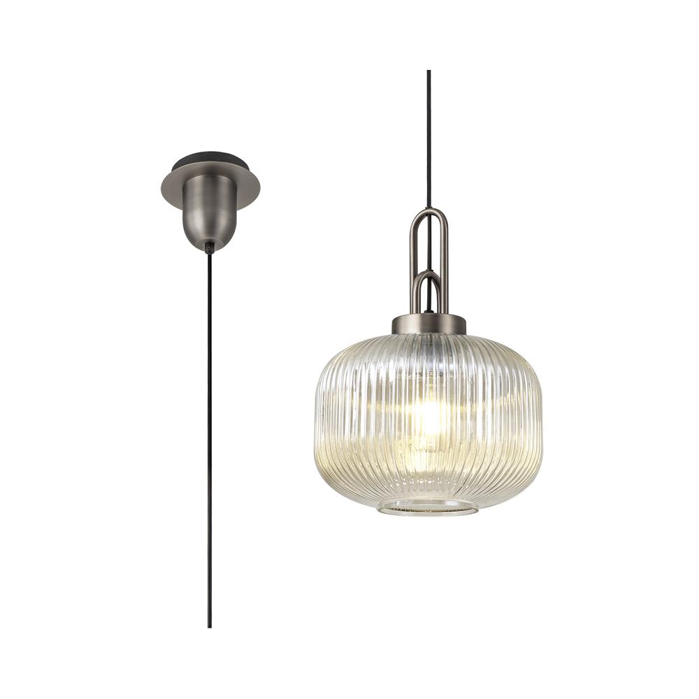 Luxuria Kennith Pendant Light E27 30cm Pumpkin Shaped Ribbed Glass Champagne Antique Silver/Black