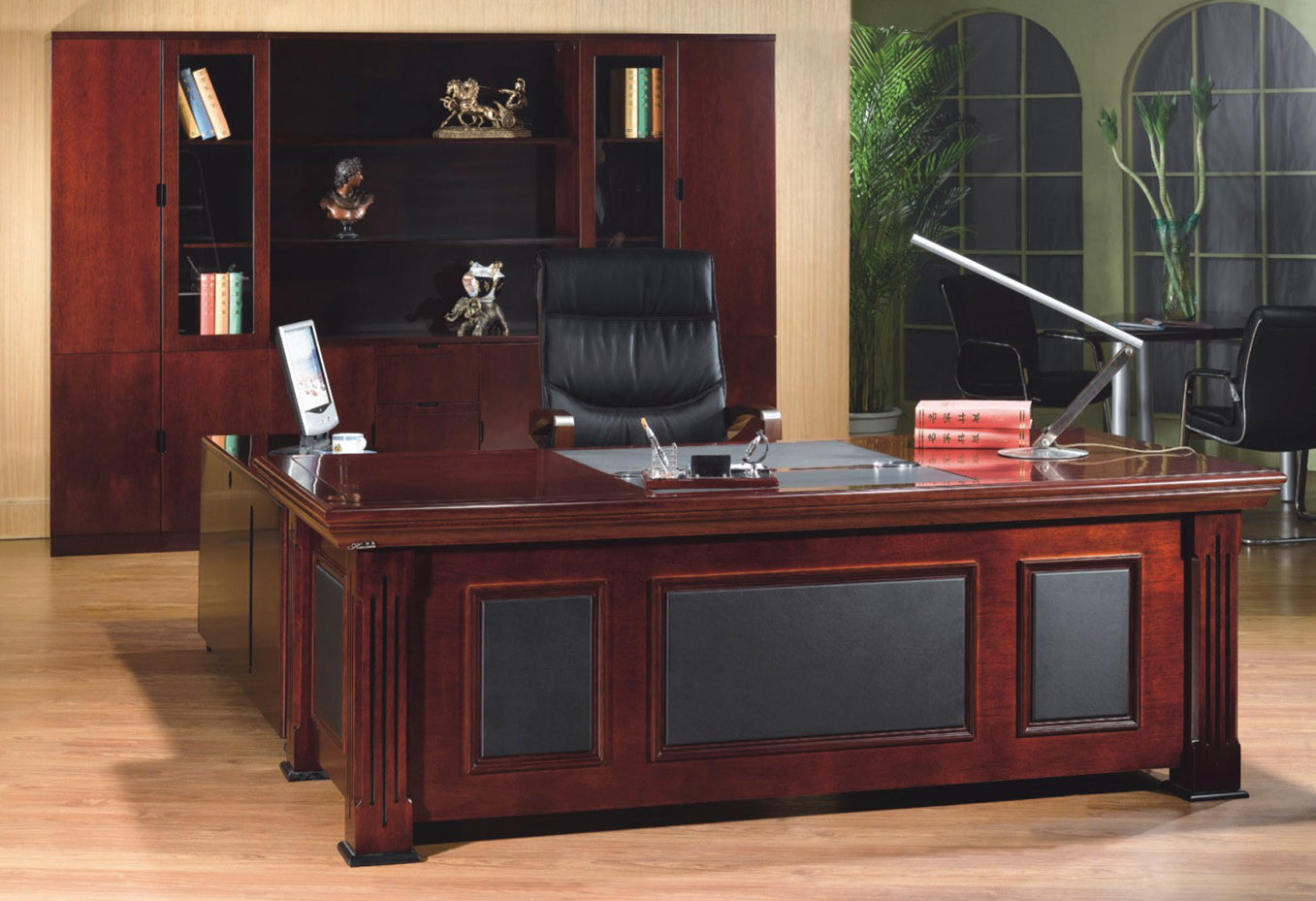 Providers Of Mahogany Executive Desk With Leather Detailing - With Pedestal and Return - 2233