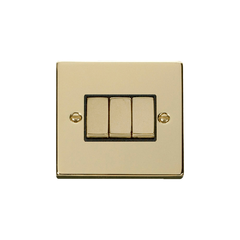 Click Deco 3 Gang 2 Way Ingot 10AX Switch Polished Brass Black Inserts