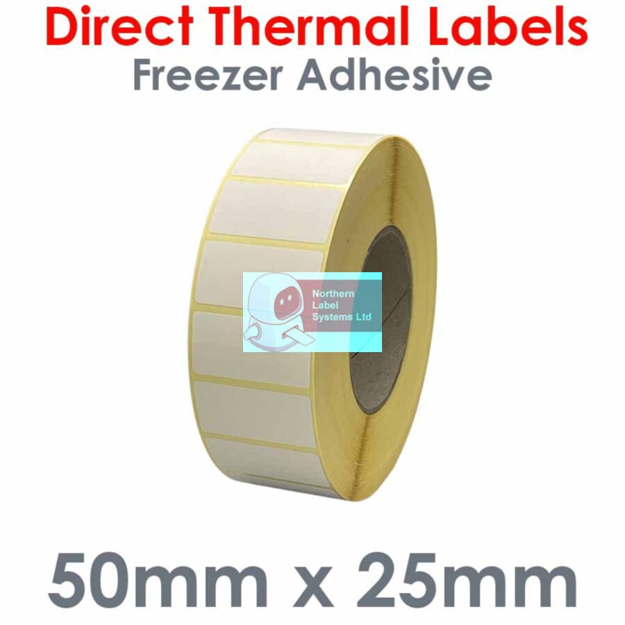 050025DTYFW1-4000, 50mm x 25mm, Direct Thermal Labels, Freezer Adhesive, 4,000 per roll, For Larger Label Printers