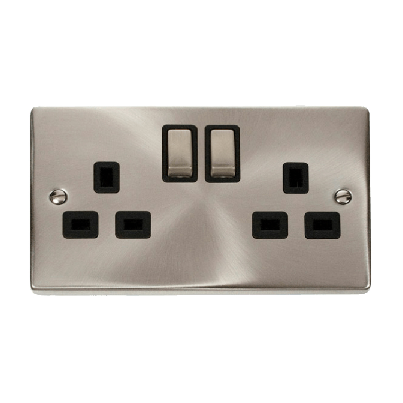 Click Deco 2 Gang 13A DP 'Ingot' Switched Socket Outlet (Twin Earth) Satin Chrome Insert Black