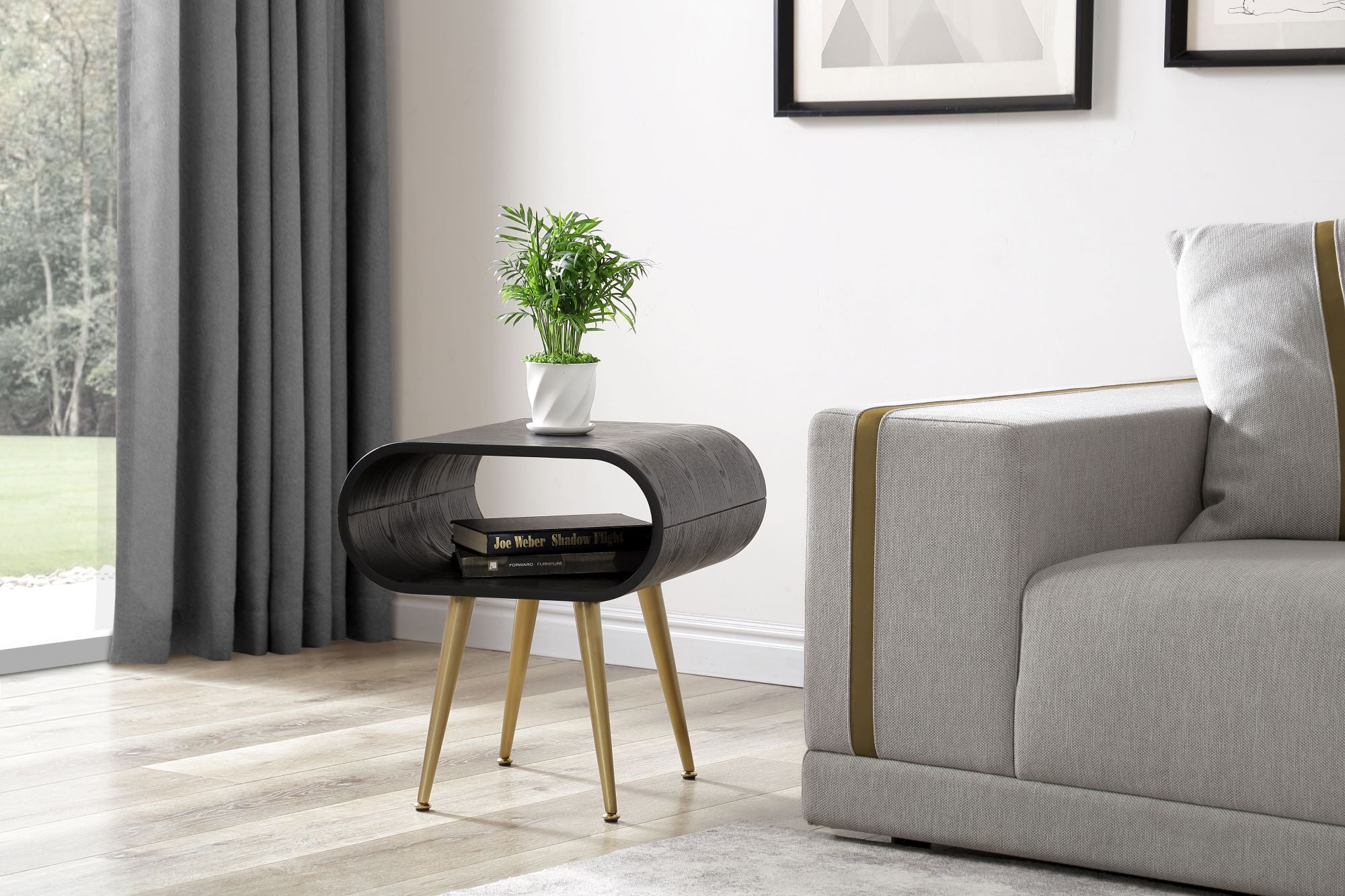 Specialising In Sleek Black Wooden and Brass Lamp / Side Table - 450mm - JF722 North Yourkshire