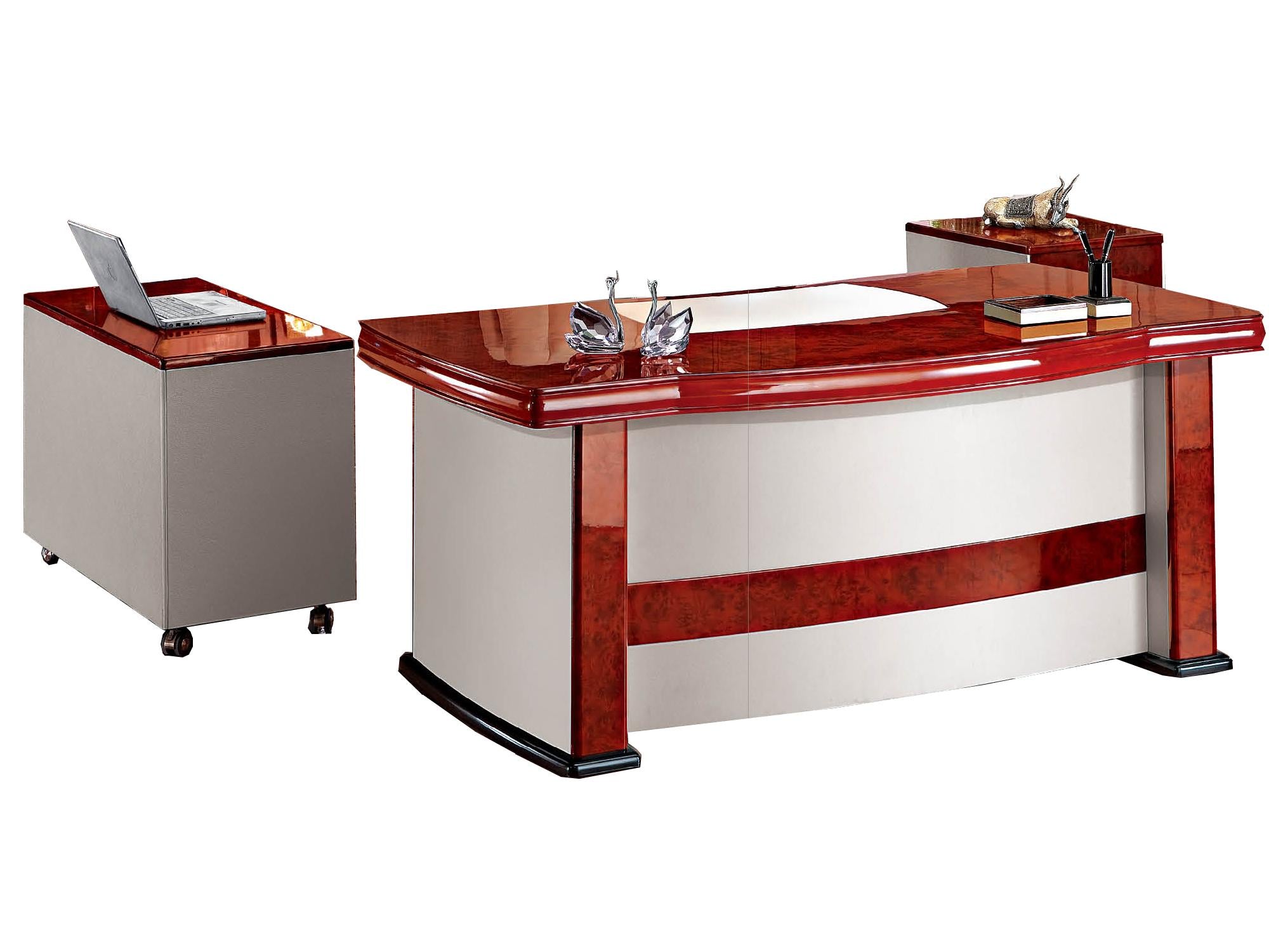 Specialising In Gloss Walnut Executive Office Desk With White Faux Leather with Pedestal and Return - 2000mm - 6839 UK