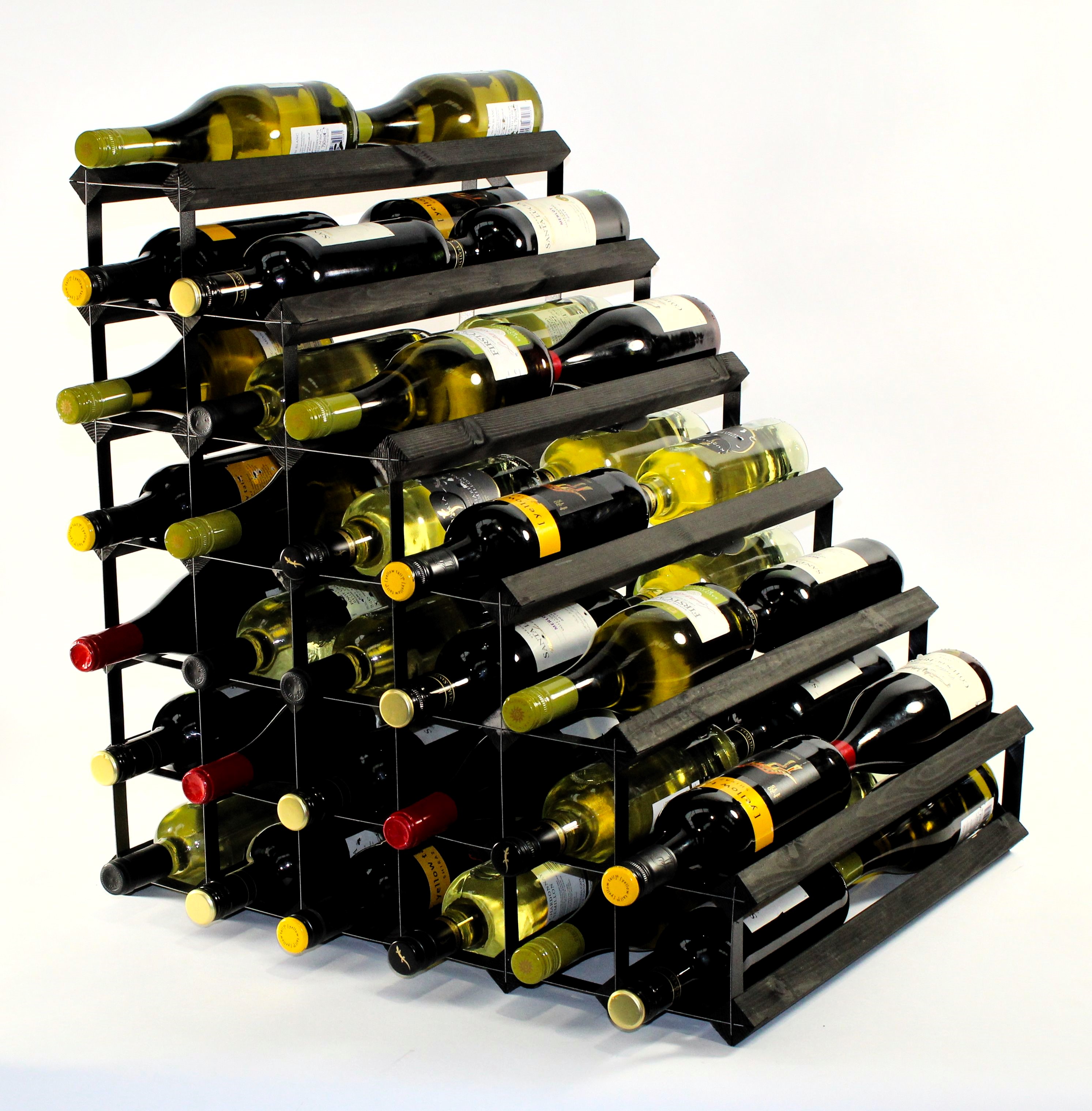 Double depth 54 bottle understairs wine rack - Black stain wood - Black metal