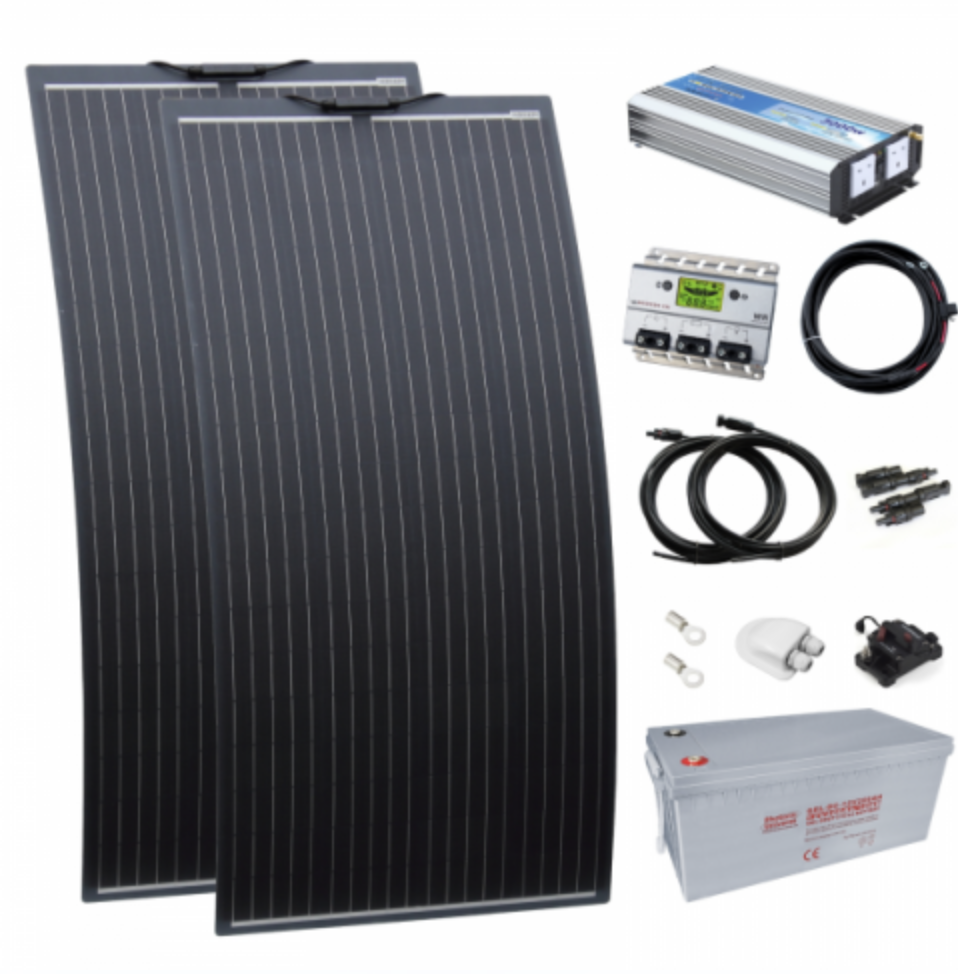 3kw complete van conversion kit with 2 x 160w black semi-flexible solar panel, 200ah 12v battery and 3000w 230v pure sine wave inverter VANKIT-3000