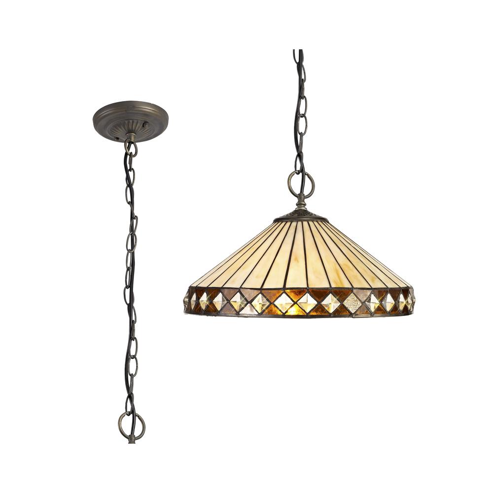 Luxuria Peacock Feather 41cm 3 Light Downlighter Pendant E27 With 40cm Tiffany Shade Amber/Cream/Crystal/Aged Antique Brass