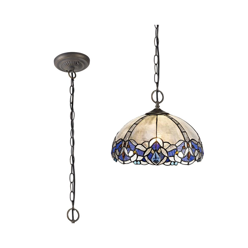 Luxuria Axis 3 Light Downlight Pendant E27 With 30cm Tiffany Shade Blue/Clear Crystal/Aged Antique Brass