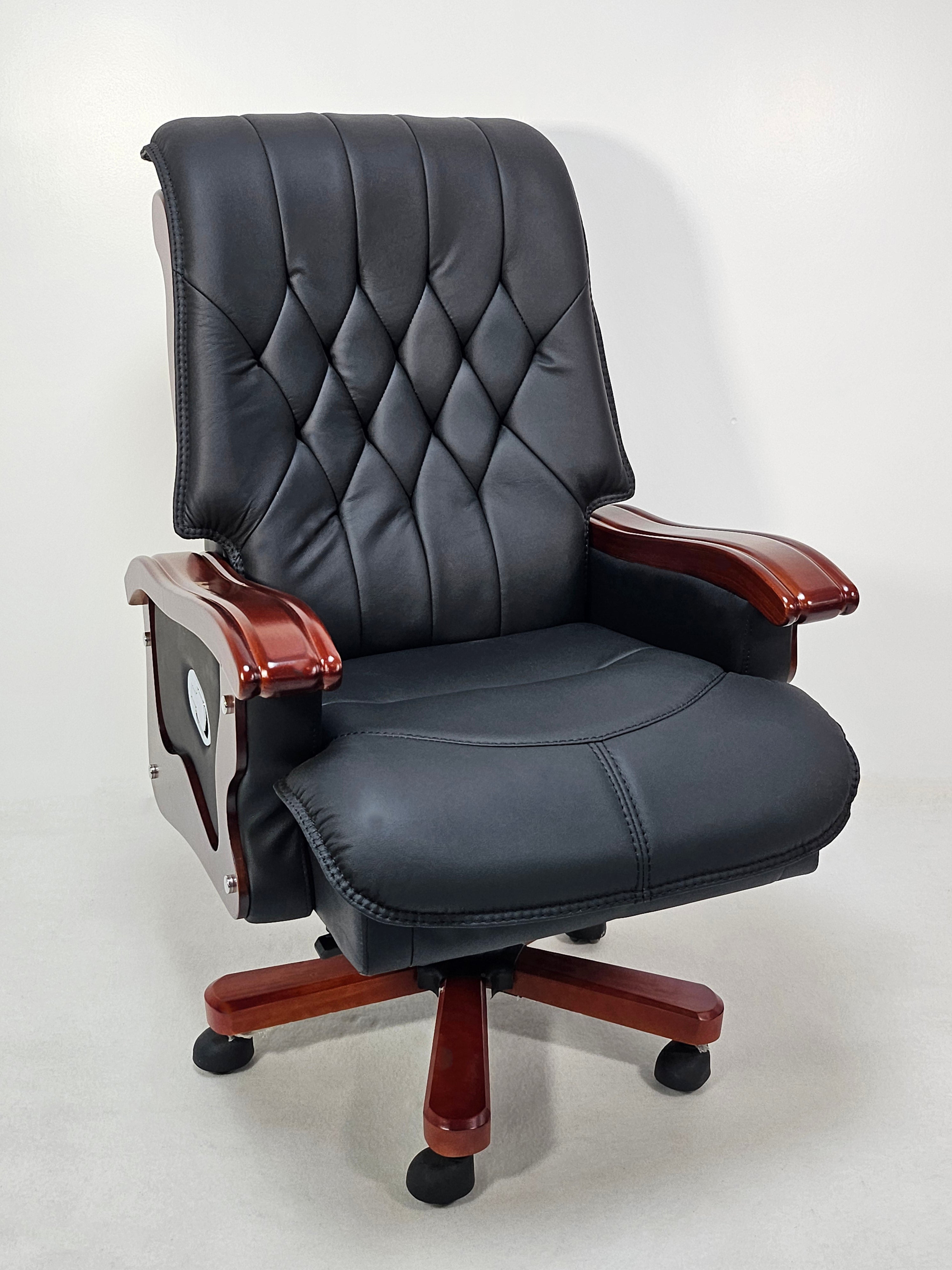 Suppliers Of Large Black Genuine Leather Executive Office Chair with Walnut Detailing -  A8052 North Yourkshire