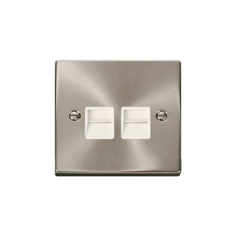 Click Deco Twin Telephone Socket Outlet Secondary Satin Chrome Insert White