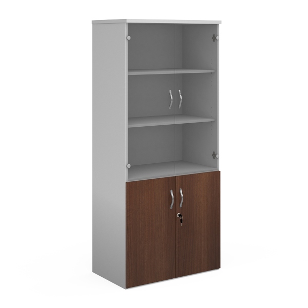 Duo Combination Unit with Glass Upper Doors 4 Shelves - Walnut and White