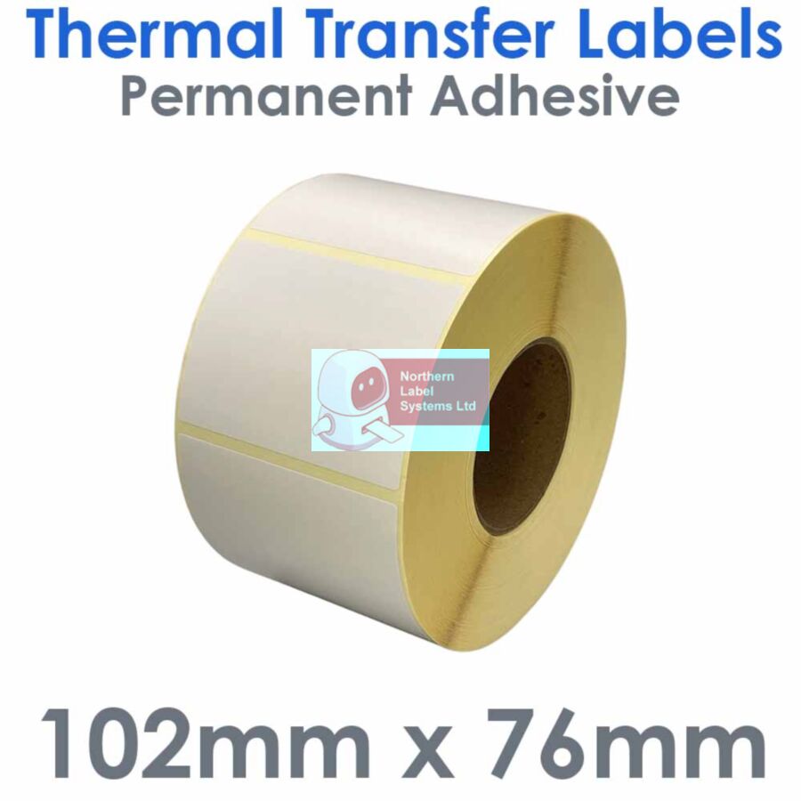 102076TTYPW1-2000, 102mm x 76mm, Permanent Adhesive, Thermal Transfer Labels, 2,000 per roll, FOR LARGER LABEL PRINTERS