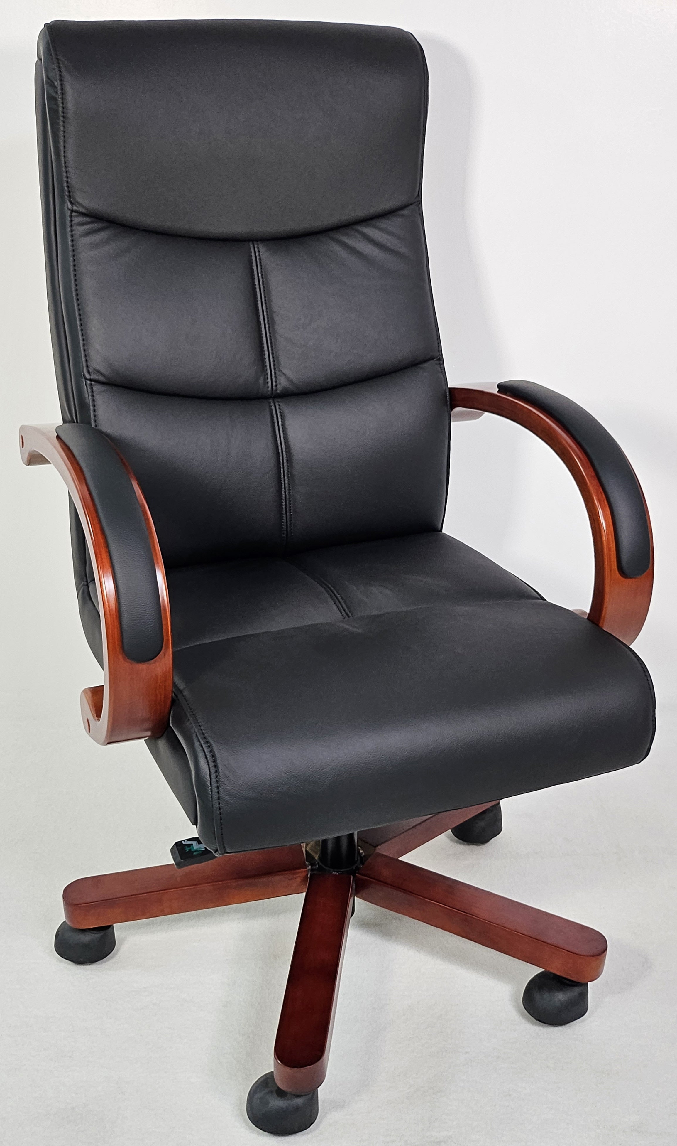 Specialising In Genuine Black Leather Executive Office Chair with Curved Walnut Arms - H-073 North Yourkshire