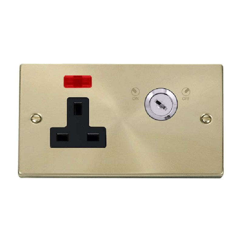 Click Deco 13A 1 Gang DP Key Lockable Socket With Neon Satin Brass Insert Black