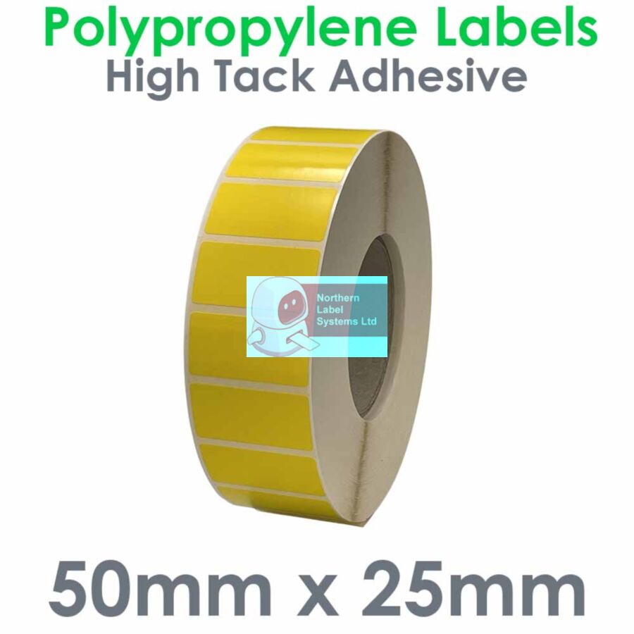 050025GPYHY1-5000, 50mm x 25mm, PREMIUM Gloss Yellow Polypropylene Label, HIGH TACK Permanent Adhesive, FOR LARGER LABEL PRINTERS