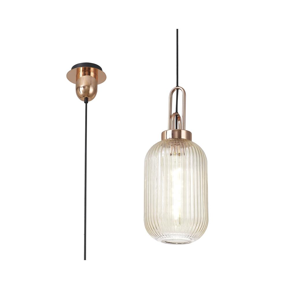 Luxuria Kennith Pendant Light E27 With 20cm Tubular Ribbed Glass Champagne Copper/Matt Black