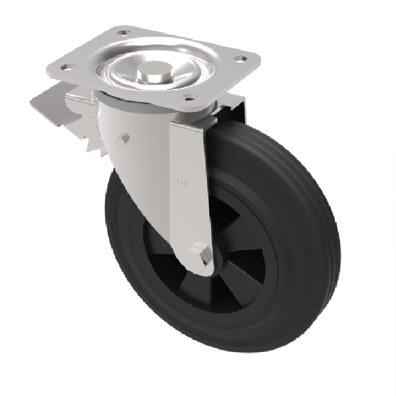 Black Rubber Plate Swivel Castor Brake 200mm 205kg Load