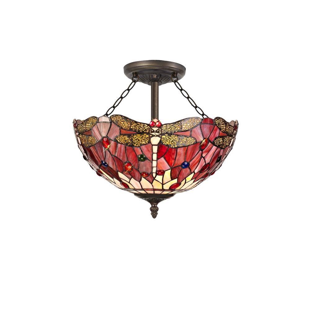 Luxuria Broadway 41cm 3 Light Semi Flush E27 With 40cm Tiffany Shade Purple/Pink/Crystal/Aged Antique Brass