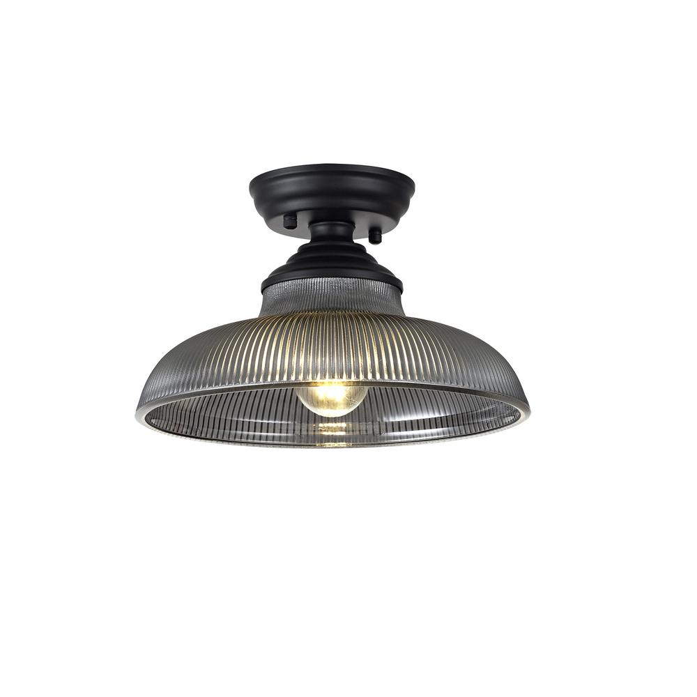 Luxuria Sirius Flush Ceiling Light E27 With Round 30cm Glass Shade Matt Black/Smoked