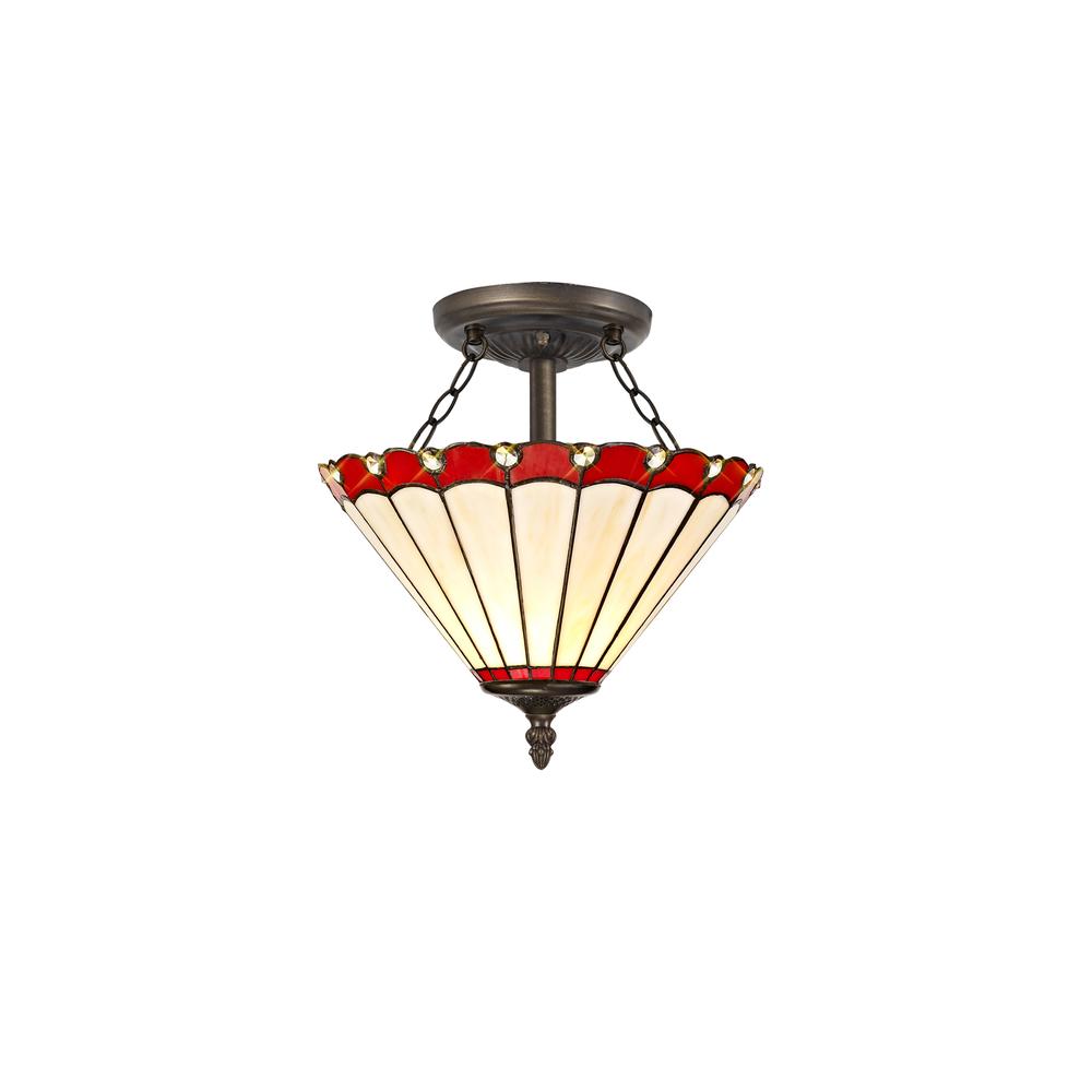 Luxuria Sleek 2 Light Semi Flush E27 With 30cm Tiffany Shade Red/Cream/Crystal/Aged Antique Brass