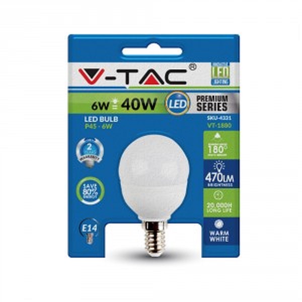 LED Bulb - 6W E14 Opal P45 Warm White 3000K
[VT1880/4331]