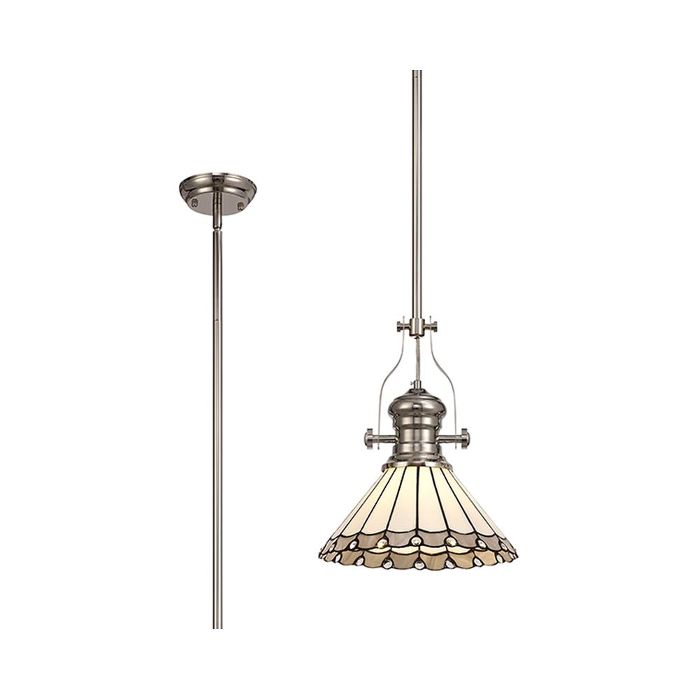 Luxuria Sleek Pendant Light E27 With 30cm Tiffany Shade Polished Nickel/Grey/Cream/Crystal