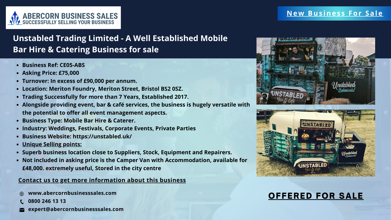 CE05-ABS - Unstabled Trading Limited -A Well Established Mobile Bar Hire &amp; Catering Business for sale