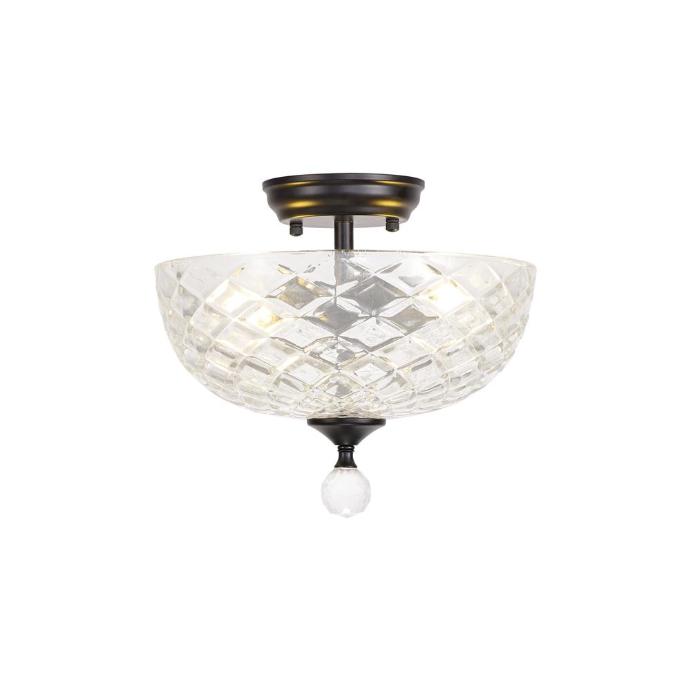 Luxuria Sirius Flush Ceiling Light 2xE27 With Flat Round 30cm Patterned Glass Shade Matt Black/Clear